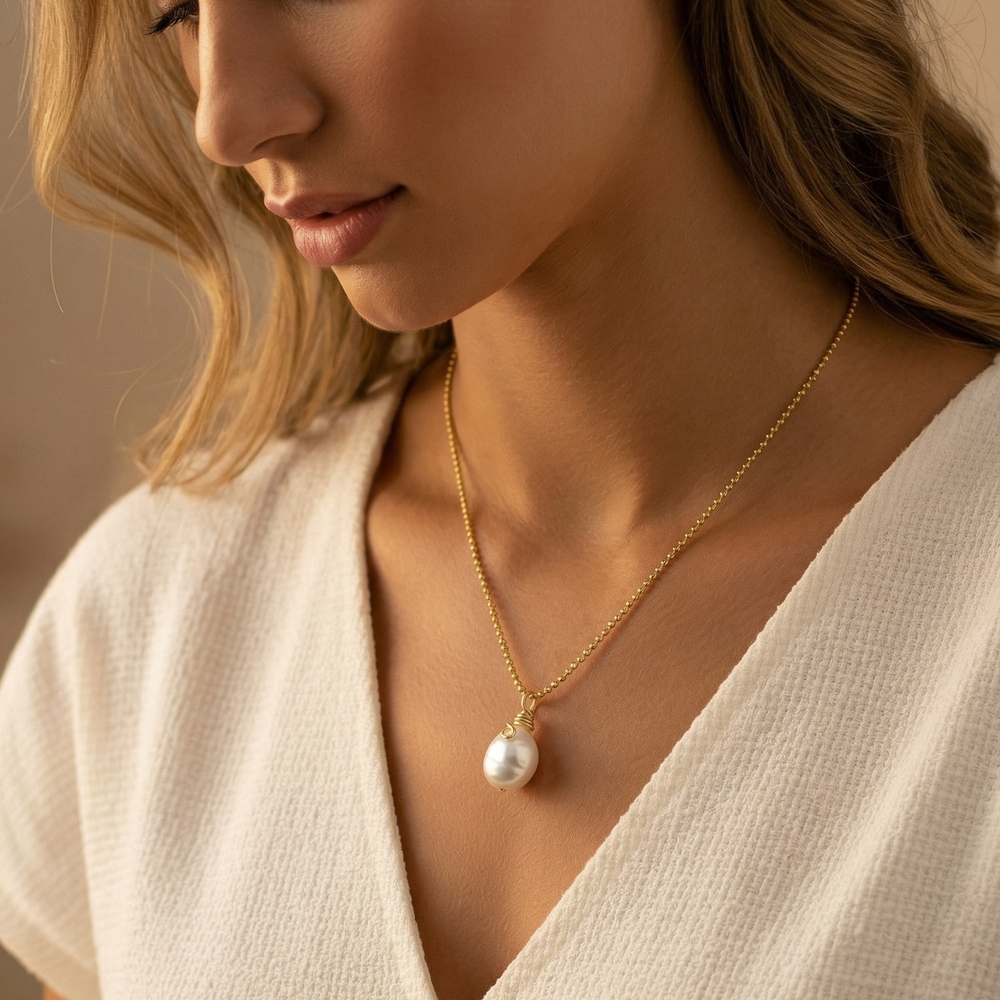 Gold Chain Necklace with White Pearl Pendant - Women Jewelry